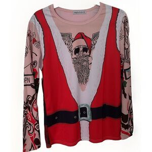 Ding Ge Fu Shi Biker Santa Skull Tattoo Ugly Christmas Shirt Size Large